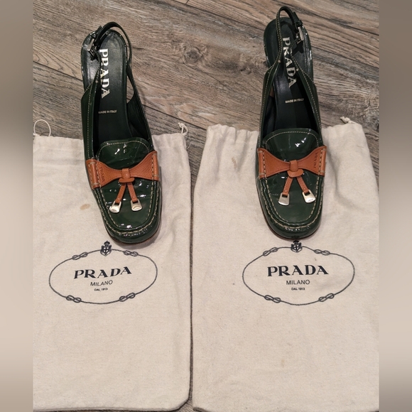 PRADA Vintage Slingback Heels Green and Tan Patent Leather Size 40 1/2 Dust Bags - Picture 15 of 17